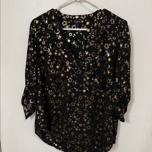 torrid Black Blouse with Metallic Gold Celestial Print